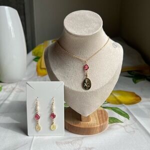 Hot Pink Rose Quartz Charm Fun Pearl Jewelry Set, Coquette, Cute, Floral, Dainty